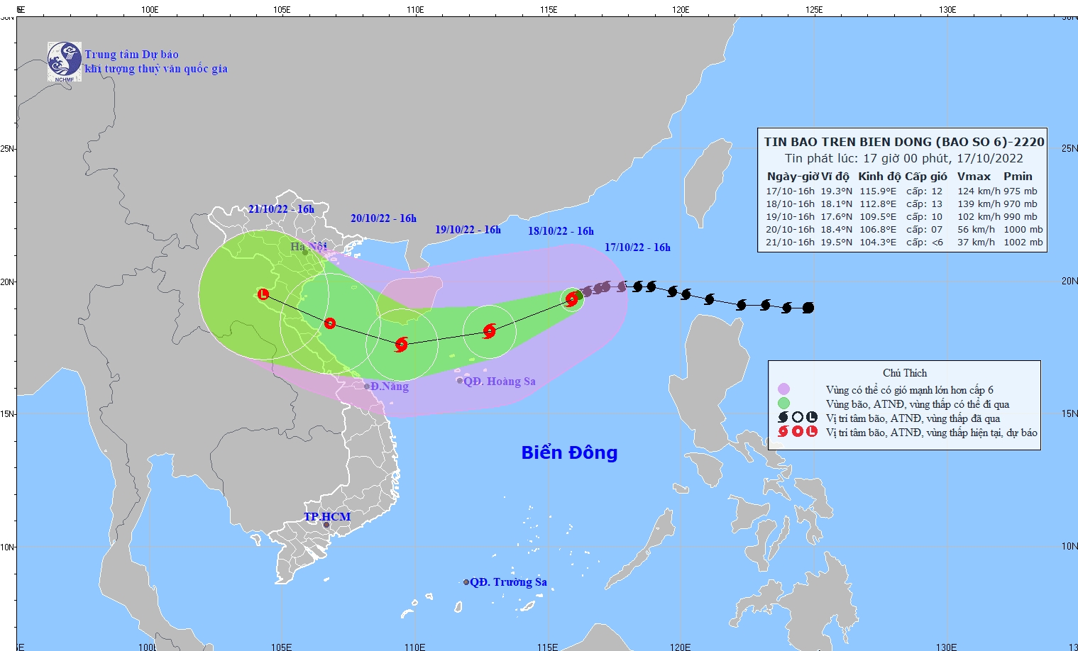 Bão số 6 giật cấp 14 và tiếp tục mạnh lên, hướng về khu vực Hà Tĩnh đến Thừa Thiên-Huế